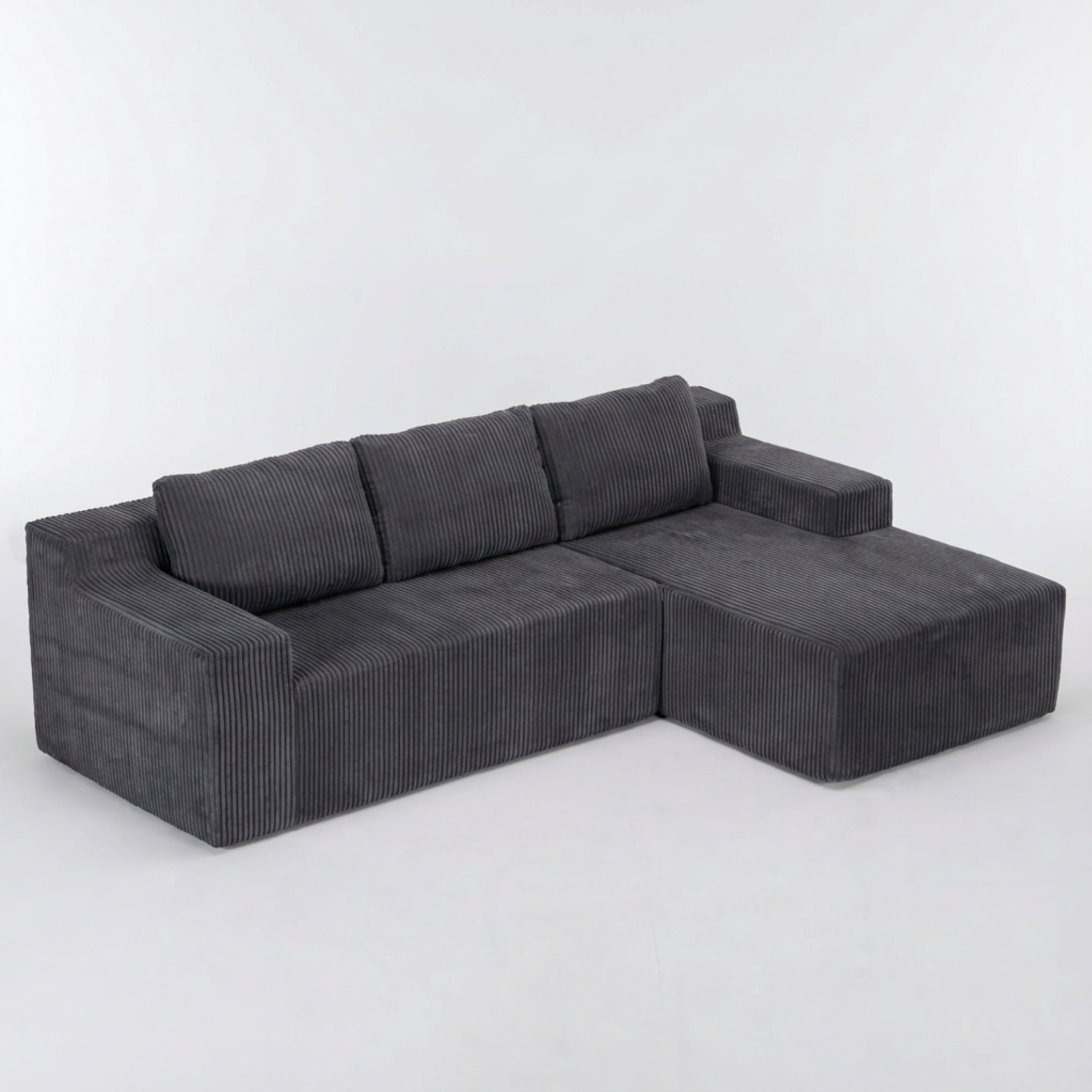 Plush Corduroy Modular L-Shaped Sectional Sofa with Foam-Filled Cushions, Luxury Floor Couch for Living Room and Bedroom, Dark Gray