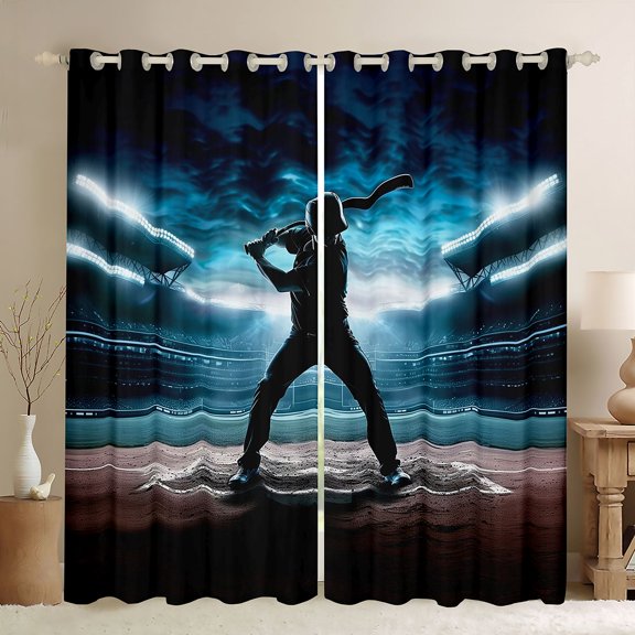 Homewish Baseball Print Boy Black Out Curtains,Ball Game Curtains Pack of 2 (42x63 Each),Sport Gamer Bedroom Curtains,Breathable Home Decor