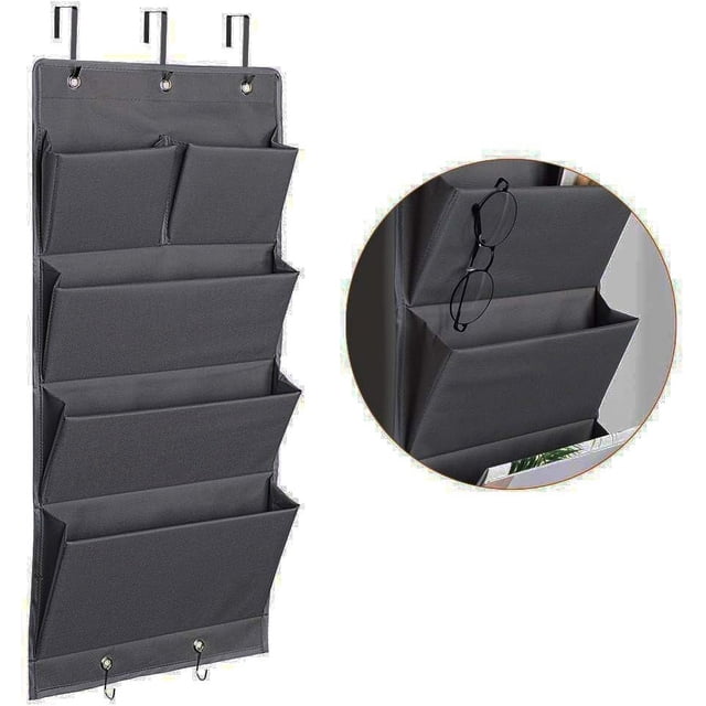 Organizador de 5 bolsillos sobre la puerta y almacenamiento para colgar con ganchos, soporte de pared para suministros de oficina, carpetas de archivos, soporte para documentos para cuaderno