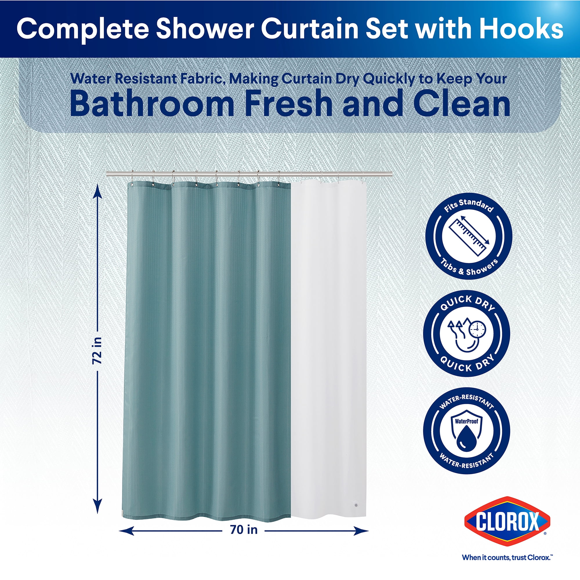 Clorox 100% Polyester Shower Curtain Set with Waterproof PEVA Liner and 12 Metal Hooks (Aqua)