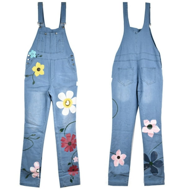 Flmtop Women Floral Print Pockets Washable Denim Overall Jumpsuit Suspender  Trousers