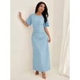thumbnail image 6 of Blue Womens Linen Blend Solid Color Elegant Maxi Dress With Short Flare Sleeves, 6 of 6