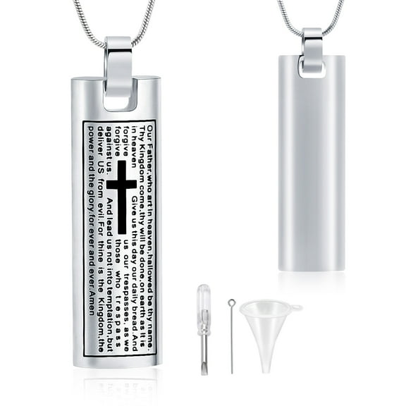 Lord's Prayer Cross Bullet Pendant Stainless Steel Lords Bible Cross Prayer Cremation Ashes Urn Necklace Cross Prayer Cremation Ashes Urn Necklace Cremation Ashes Necklace