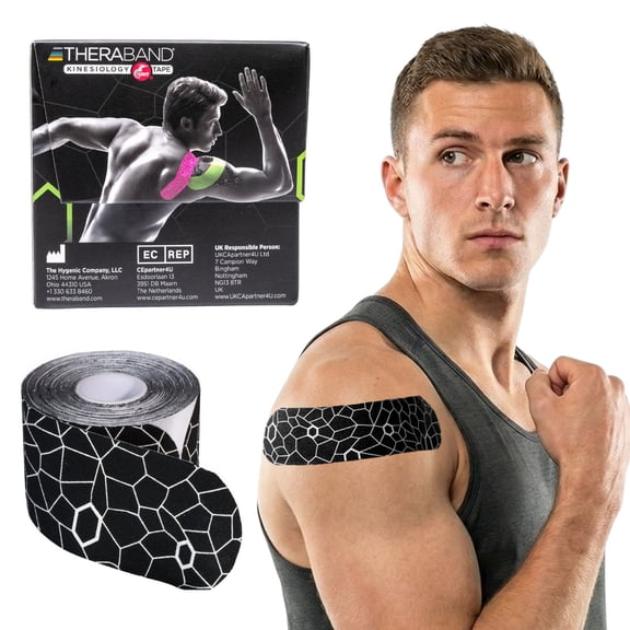THERABAND Kinesiology Tape, 20 Precut Strips, 2 IN x 10 IN, Black/White, Water-Resistant, Muscle Support