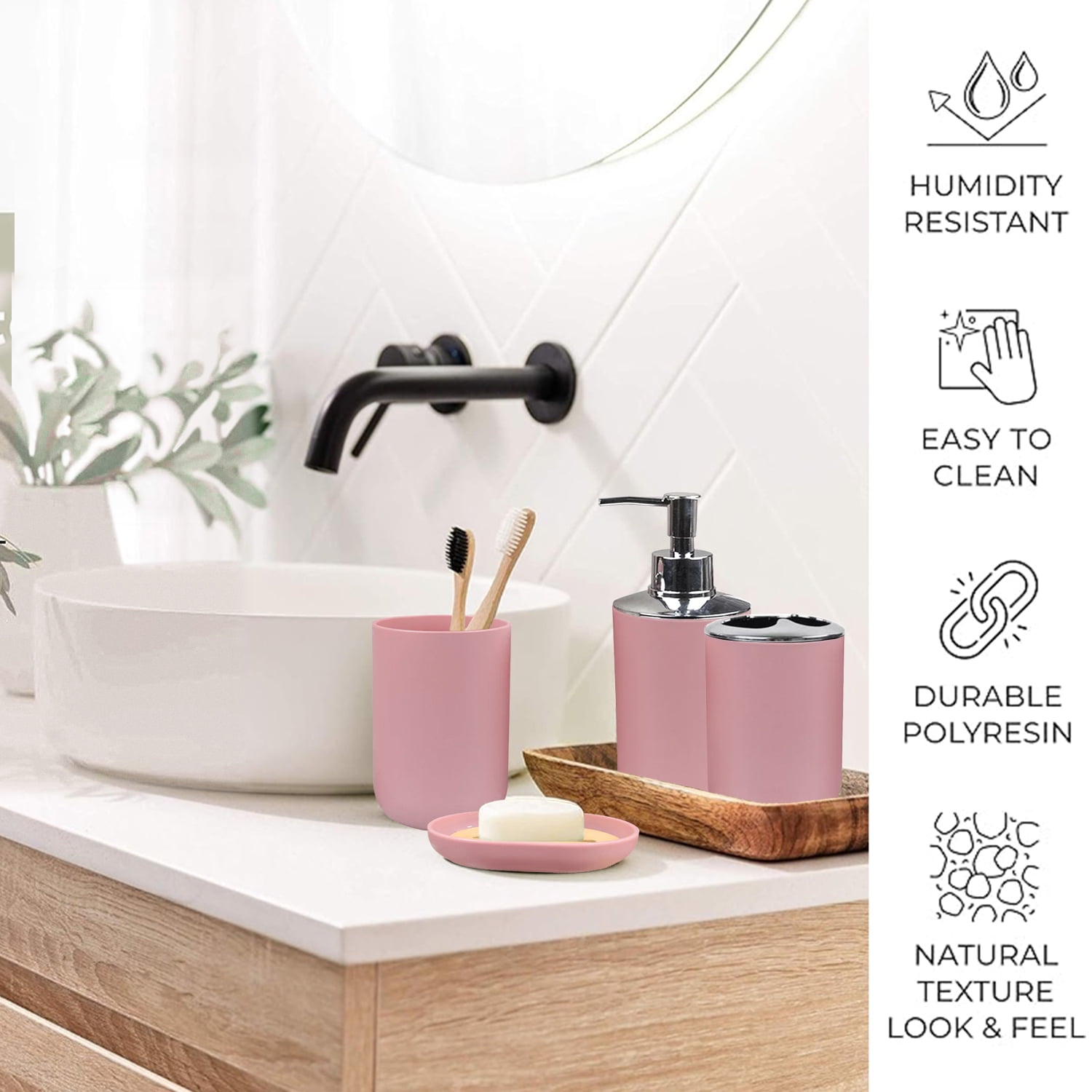 Bathroom Accessories Set 6 Pcs Bathroom Set Ensemble Complete Soap Dispenser Toothbrush Holder Tumbler Soap Dish Toilet Cleaning Brush Trash Can, Pink