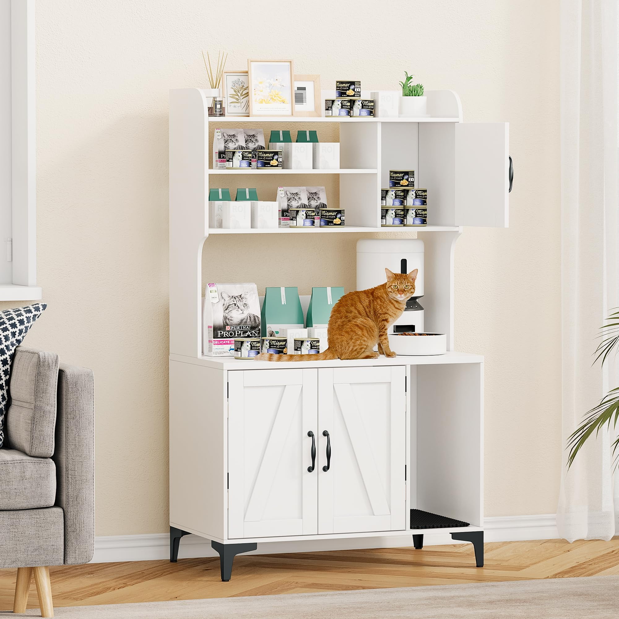 Faitaliicy Hidden Cat Litter Box Enclosure With Storage Shelves Wood Sturdy Cat Washroom Storage Cabinet Fit Most of Litter Box Indoor Cat House Furniture With Cat Scratching Pad