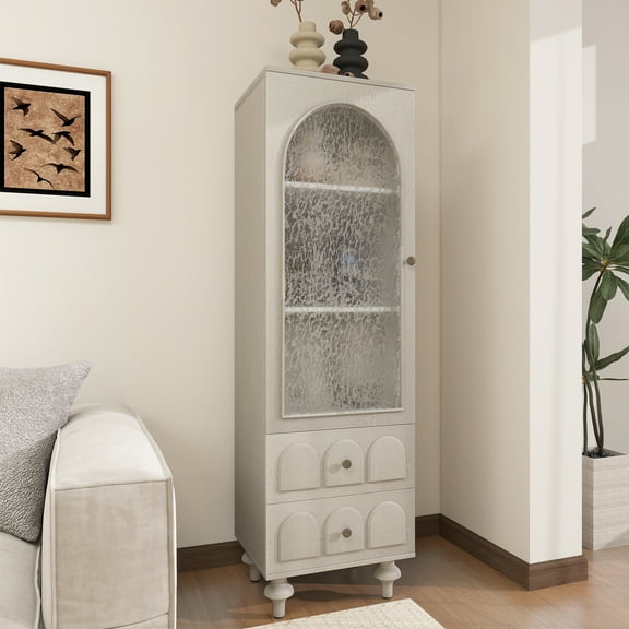 HIUU Wood Cabinets for Storage with Glass Doors,White Storage Cabinet with Two Drawers & Adjustable Shelf,Tall Narrow Bathroom Cabinet for Living Room, Bedroom, Kitchen