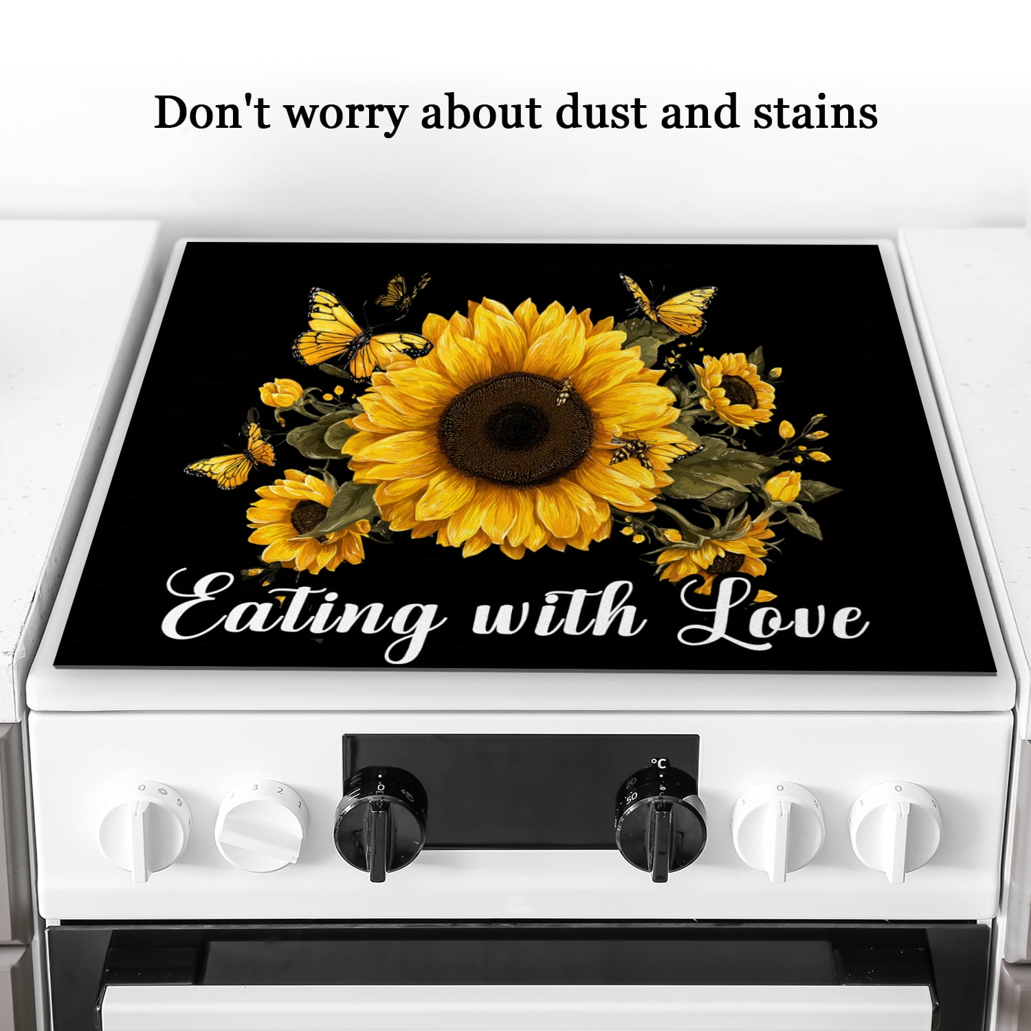 Stove Top Covers for Gas Burners, Sunflower Butterfly Eating with Love Print Anti-sip Washable Stovetop Cover Mat, Waterproof Oilproof Dustproof Pad for Kitchen RV (28×20 Inch)