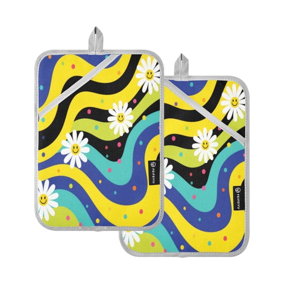 2Pack Heat-Resistant Quilted Cotton Potholders - Stylish Kitchen Grips for Hot Pots & Pans Ovens Daisies on Yellow-blue Background