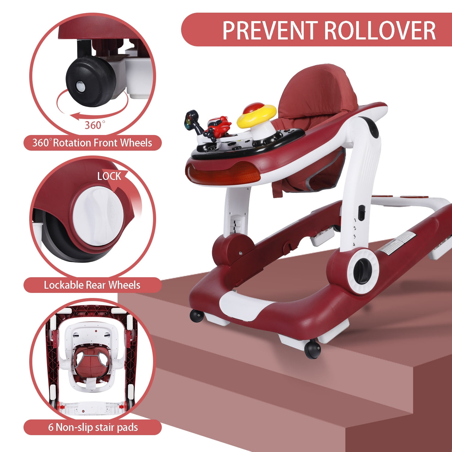 LINLUX Baby Walker w/ Music & Lights, Toddler Activity Walker w/ Seat, Red