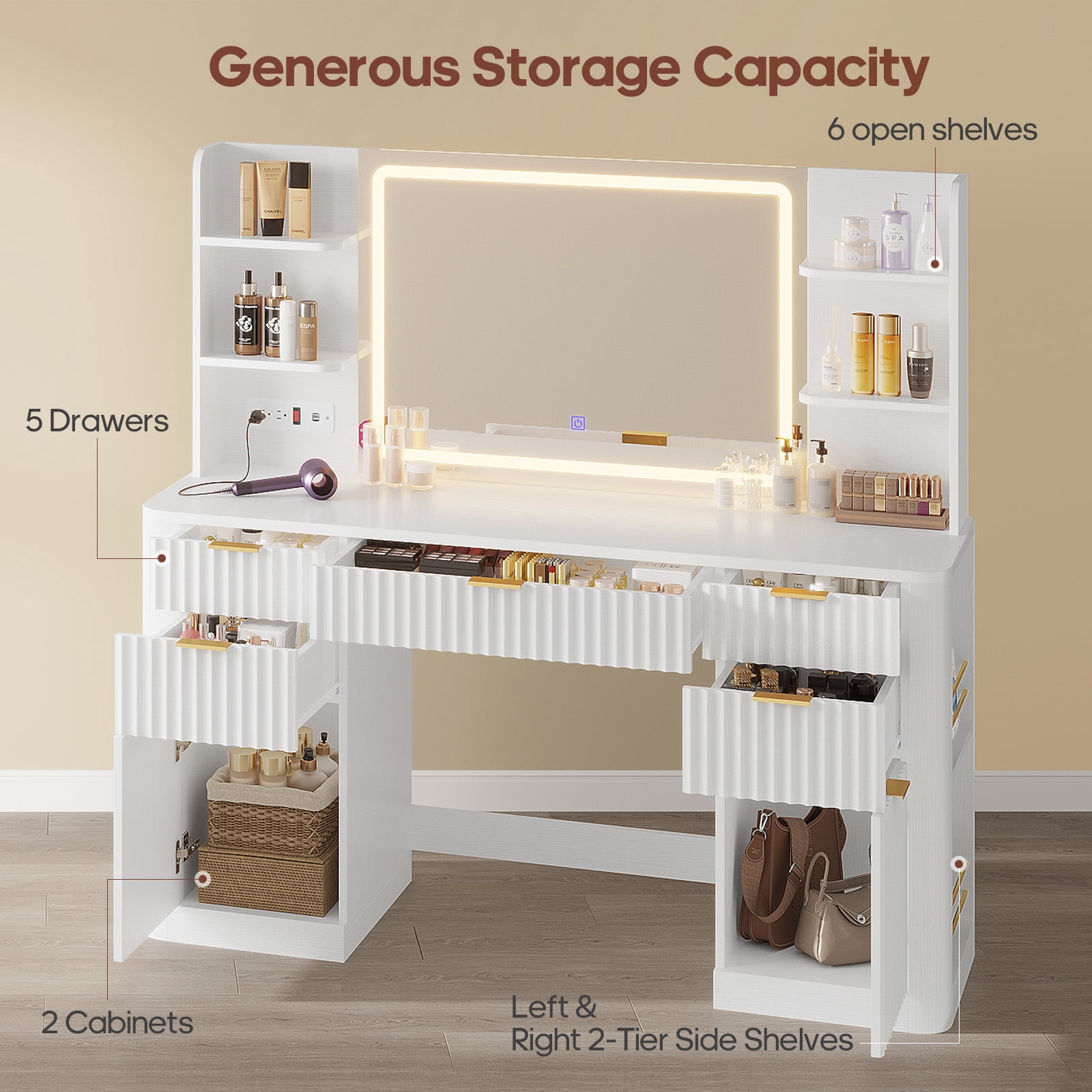 Plonmago Modern Vanity Table with Lighted Mirror, 5 Drawers, 2 Cabinets, and 6 Shelves, Vanity Desk with Lights and Power Strip,Modern Dressing Table Solid Wood Legs,White Fluted Finish