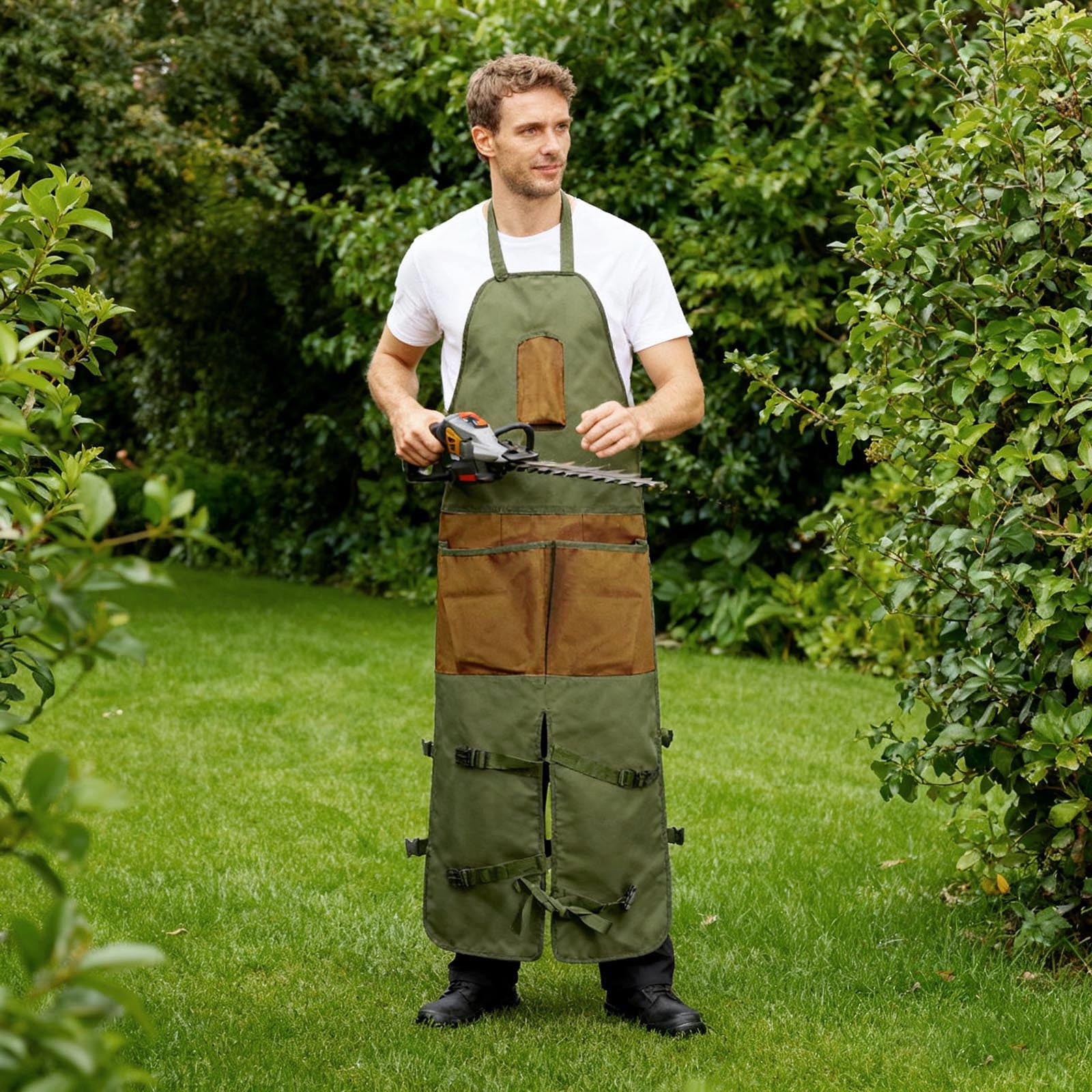 Waterproof Gardening Apron with Adjustable Leg Protector, Extra-Long 600D Oxford Fabric Tool Apron with Multiple Pockets for Lawn Care & Pruning