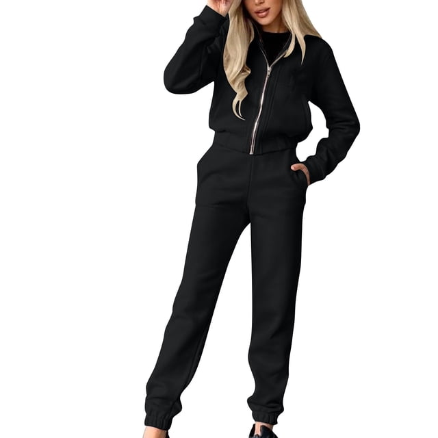Posijego Ensemble de Survêtement 2 Pcs pour Femmes, Fermeture Éclair, Chandails à Capuchon Courts à Manches Longues, Ensemble de Détente et de Jogging pour Femmes