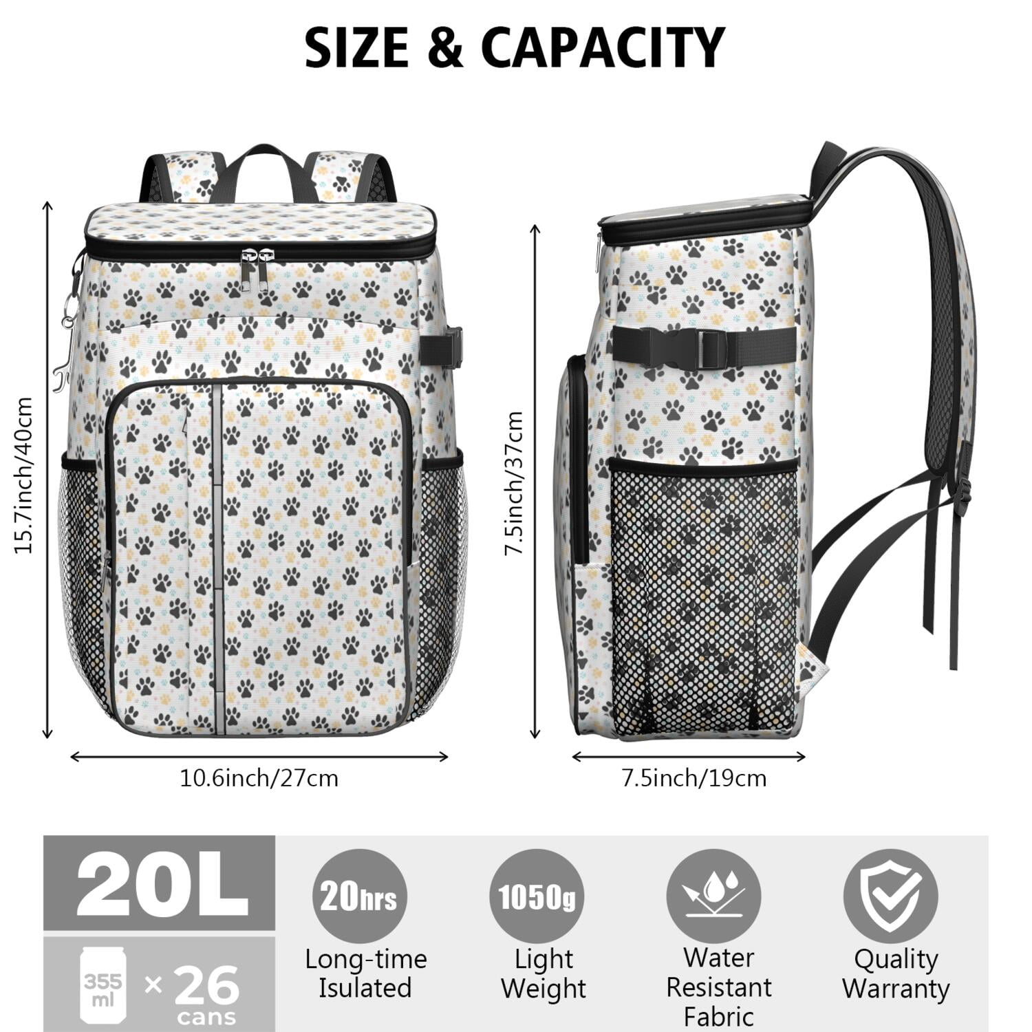 Travel Cooler Bag - Black Dog Puppy Paw Camping Beer Cooler Backpack with Bottle Opener- Waterproof Insulated Picnic Backpacks - Cooler Bag for Beach