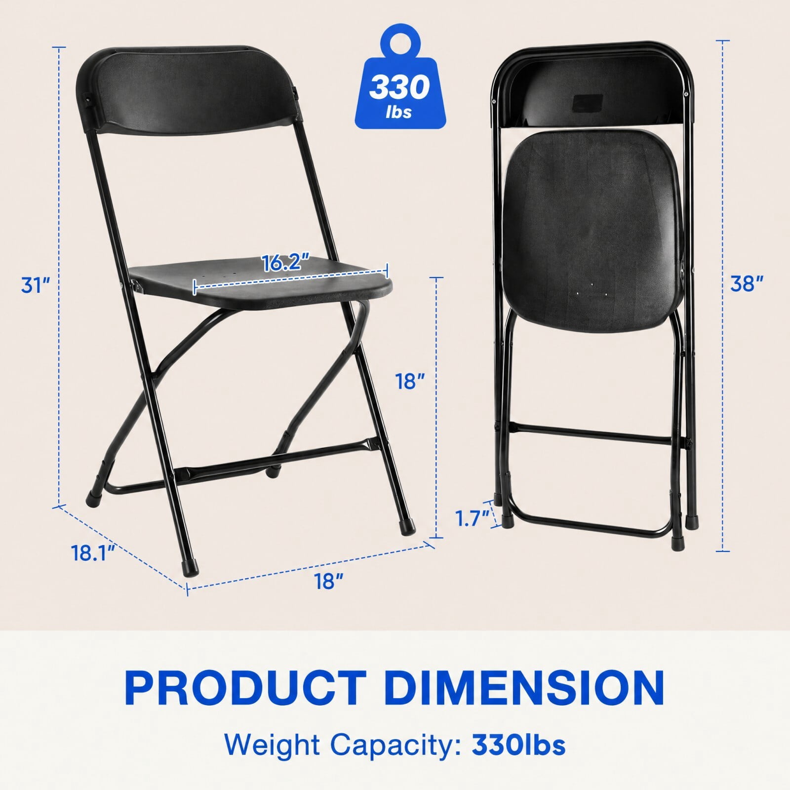 Kelno Plastic Folding Chair Set of 6 Portable Seating with Lightweight Metal Frame, Black
