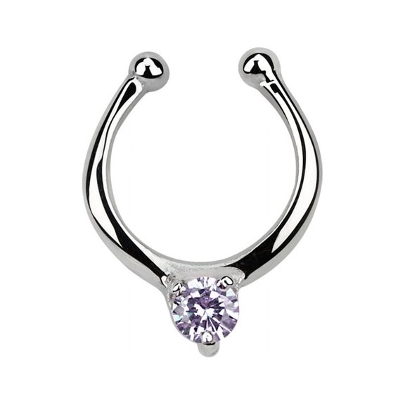 iJewelry2 Sterling Silver Solitaire Lavender CZ Illusion Faux Fake Clicker Septum Nose Ring 18g