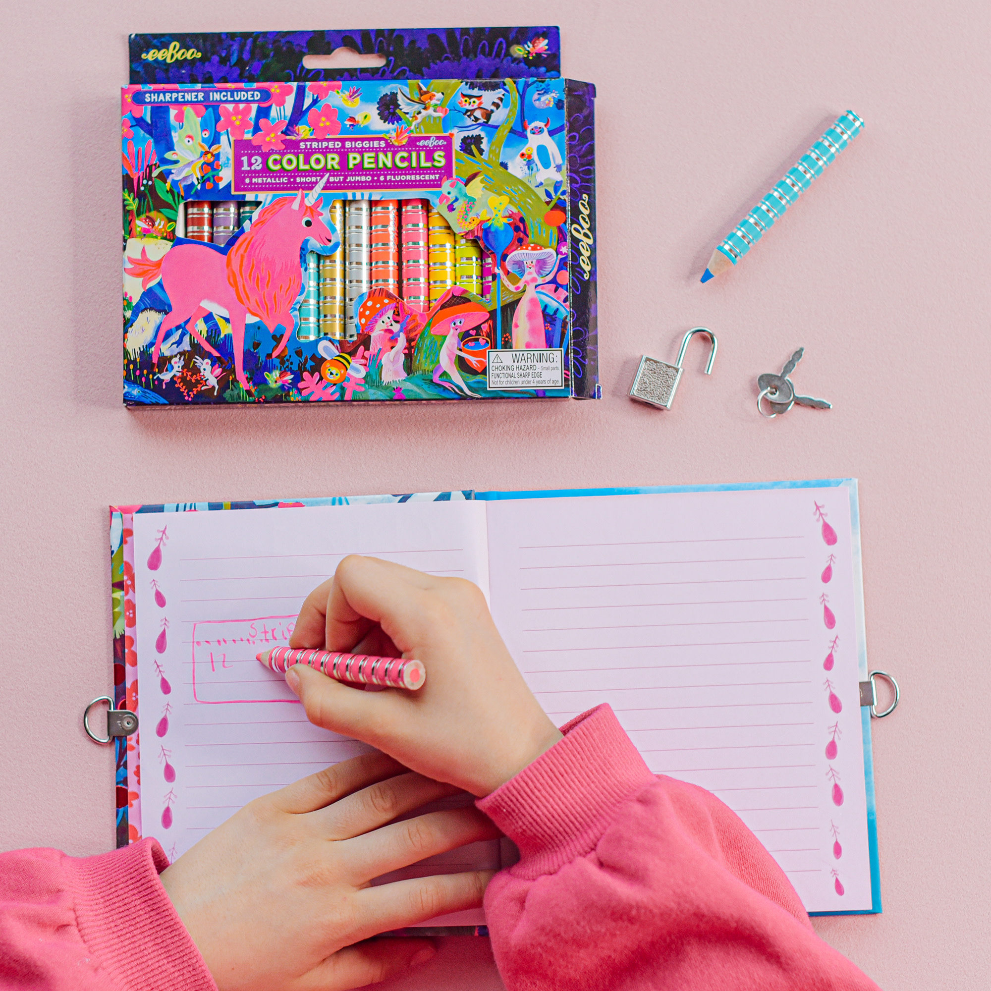 eeBoo: Striped Biggies 12 Color Pencils: Magical Creatures - 12pc Set w/ 6 Fluorescent & 6 Metallic Colors, Includes Sharpener, Art Supplies, Kids Ages 4+