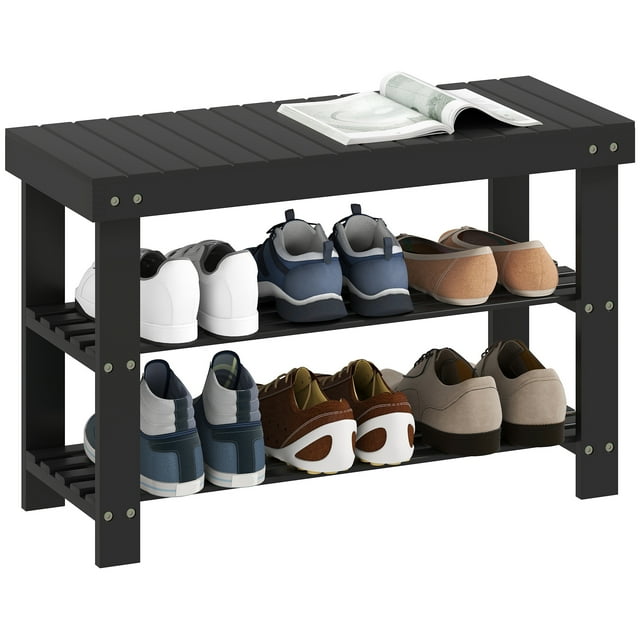 HOMCOM Bamboo Shoe Storage Bench, 3-Tier Entryway Bench, Black