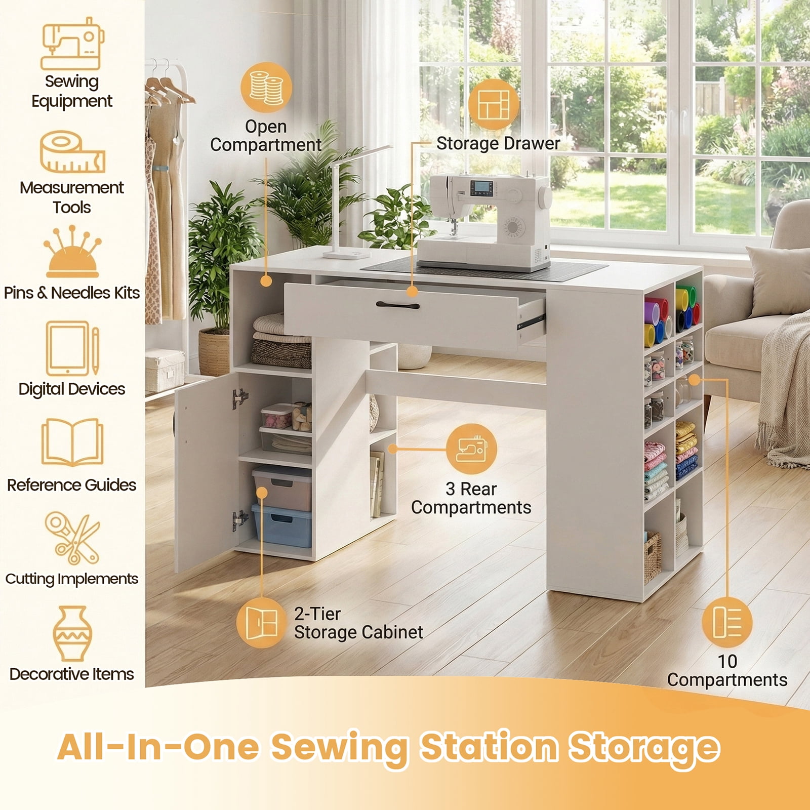 ELLEGNT Counter Height Computer Desk with Adjustable Shelves and Drawer - Sewing Craft Table for Home Office, Craft Room
