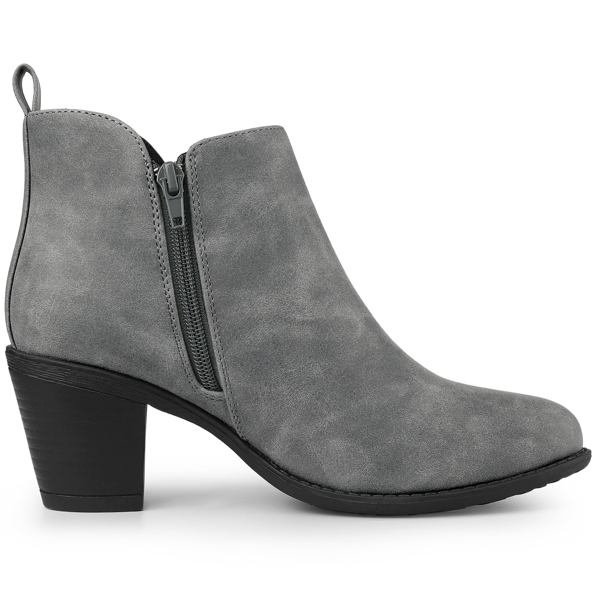 Unique Bargains Women's Low Chunky Heel Zipper Western Ankle Booties Gray 7.5