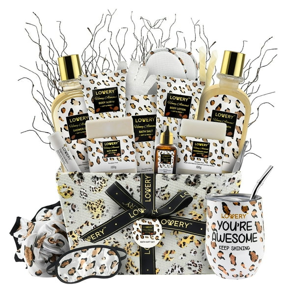 Valentines At-Home Spa Kit with Honey Almond Scent, Bath Gift Basket - Vit E-Rich Bath Essentials, Tumbler, Ear Candles, Bath Oil, Salts, Shower Stea