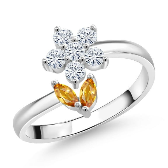 Gem Stone King 925 Sterling Silver Yellow Citrine and White Moissanite Flower Open Ring for Women (0.52 Cttw, Gemstone November Birthstone)