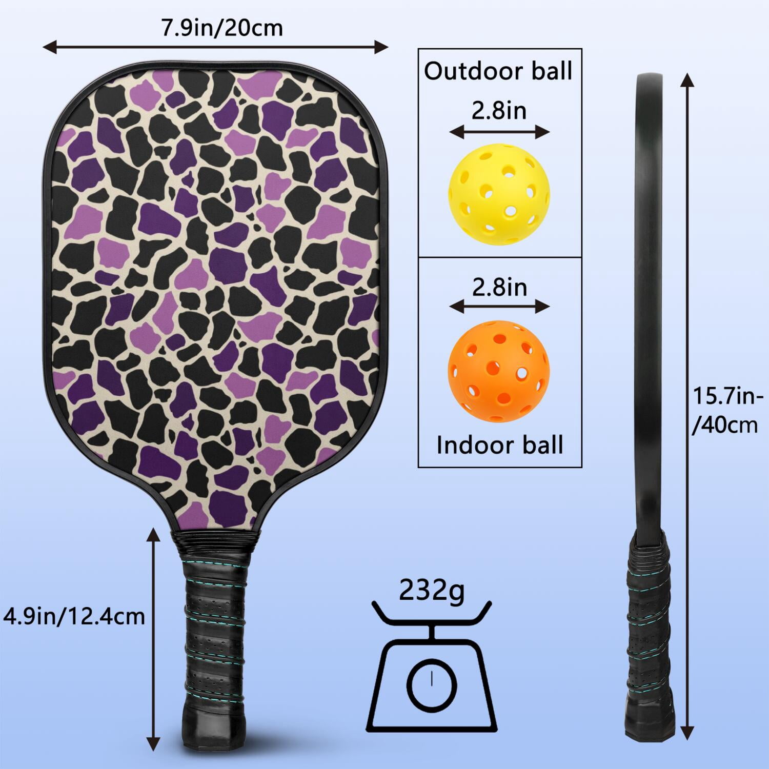 Pickleball Paddles Set Of 1, Fiberglass Surface, Animal, Leopard Print, 1 Paddle, 2 Balls & Bag