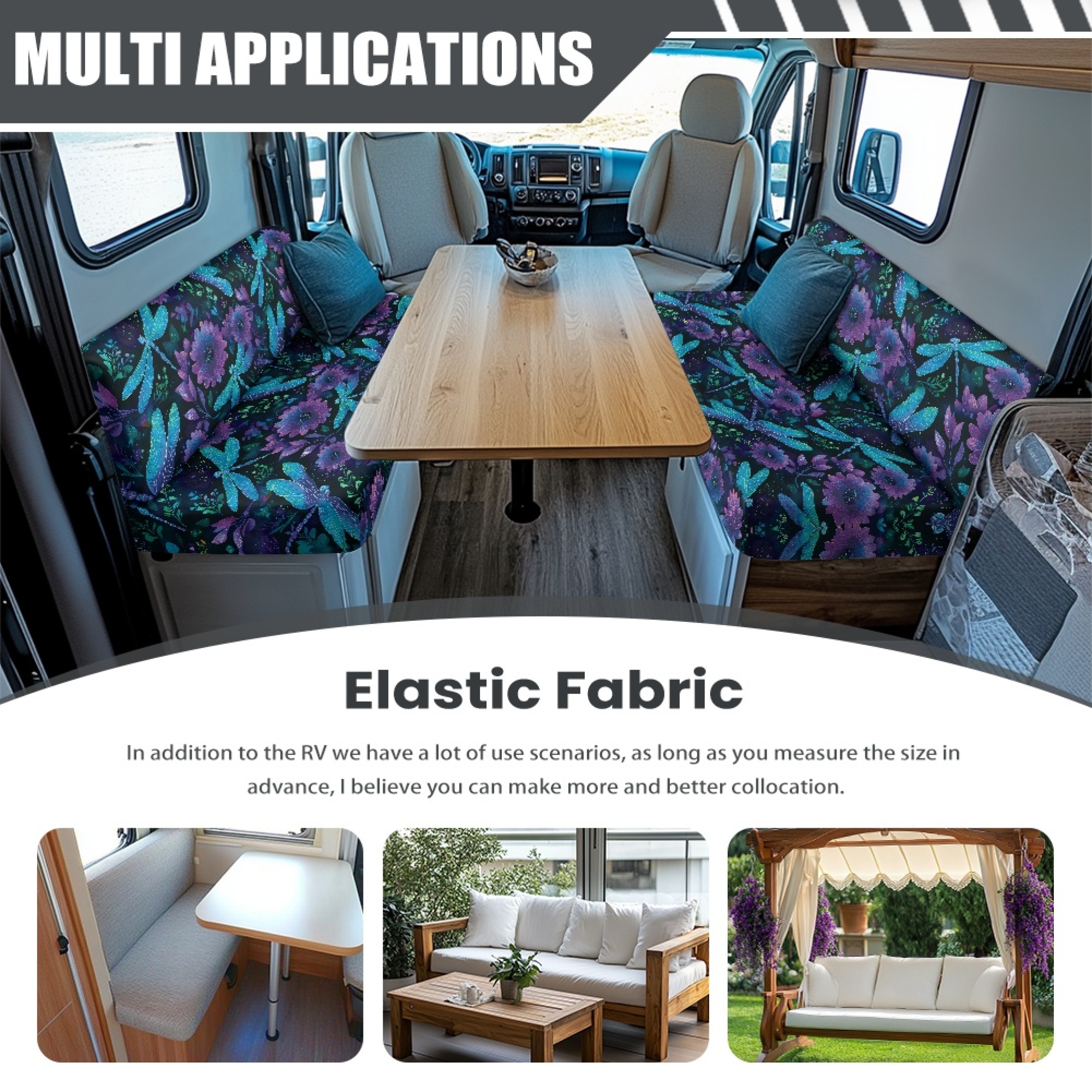 FOR U DESIGNS Dragonfly Cornflower Print 2 Pack RV Dinette Cushion Covers Stretch Camper Cushion Slipcover Non-Slip RV Couch Cover Sofa Slipover for Travel Trailer Couch