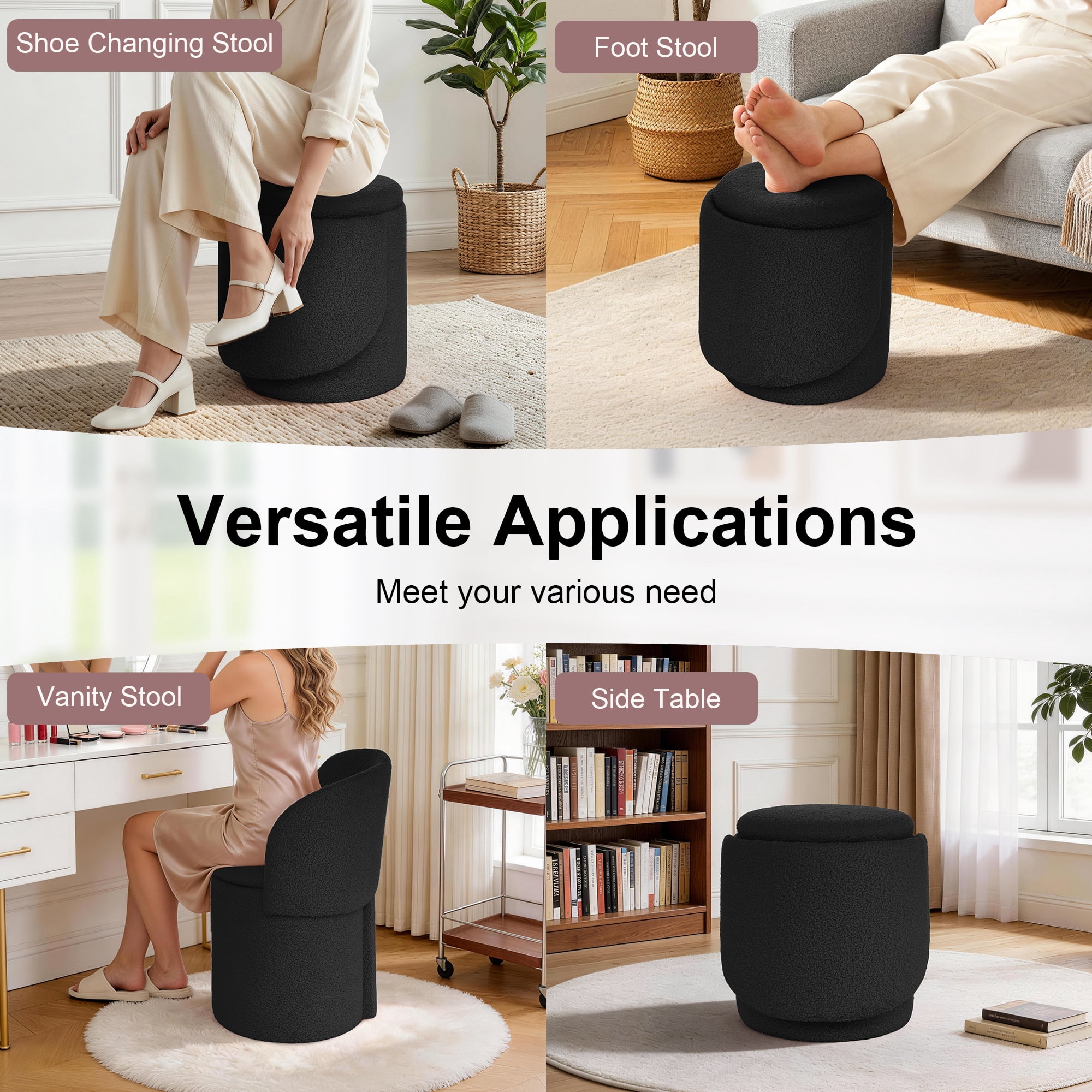 GEEYOO Modern Round Vanity Storage Stool,Sherpa Upholstered Ottoman with Foldable Backrest and Removable Lid,Comfy Makeup Stool for Bedroom Living Room,Black
