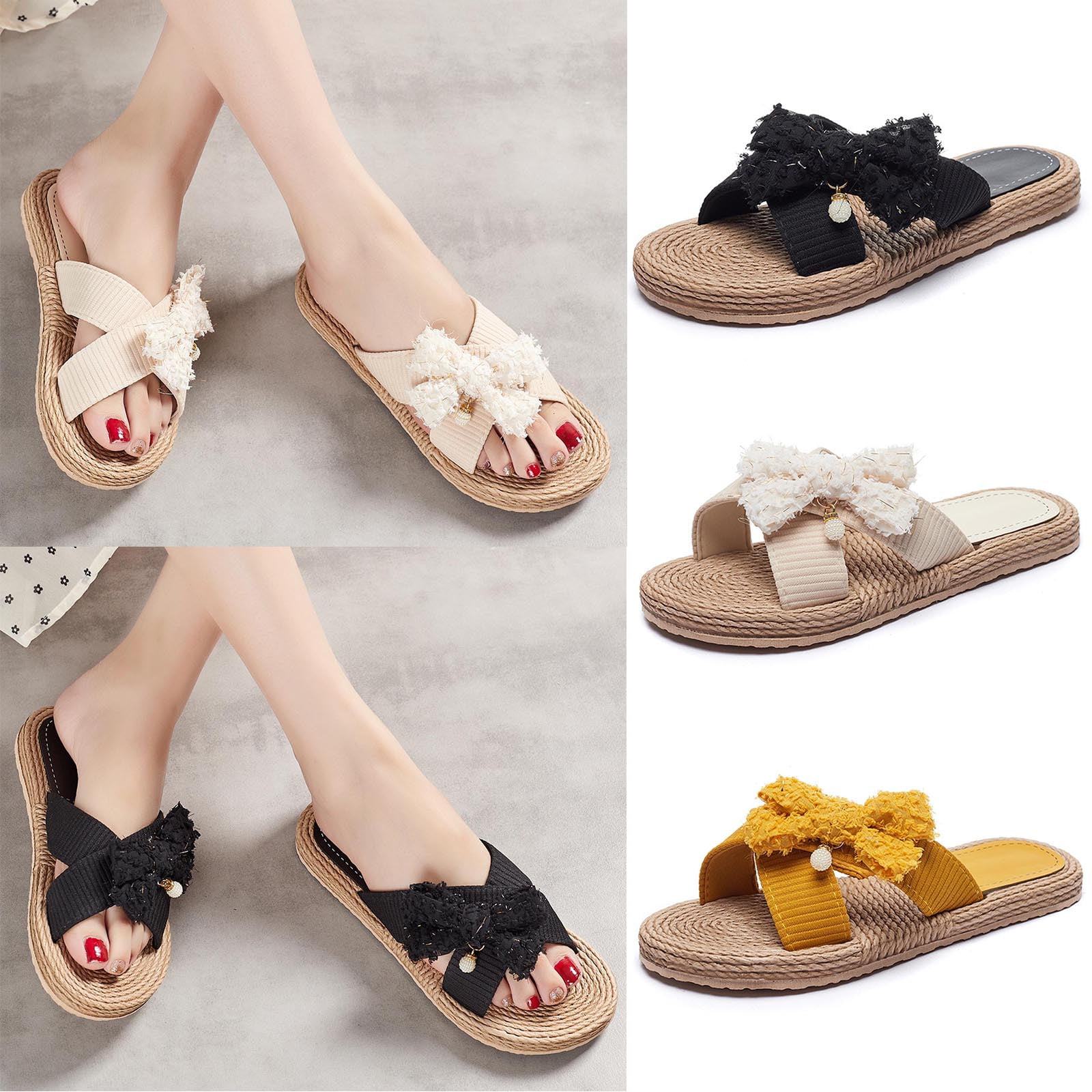 Cethrio Sandals for Women Flats Shoes- Wide Width on Clearance Flat Bow ...