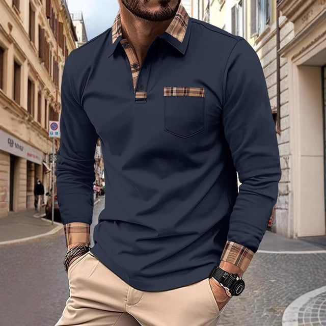 Blusa y camisa de manga larga con cuello vuelto para hombre, informal, a la moda, con botones y solapa, transpirable, de poliéster