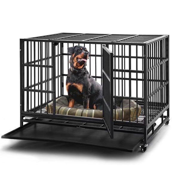 TIME RAY 48 Inch Heavy Duty Dog Crate,Indestructible High Anxiety Dog Cage for Outdoor and Indoor with Lock, Double Door & Removable Tray,Black