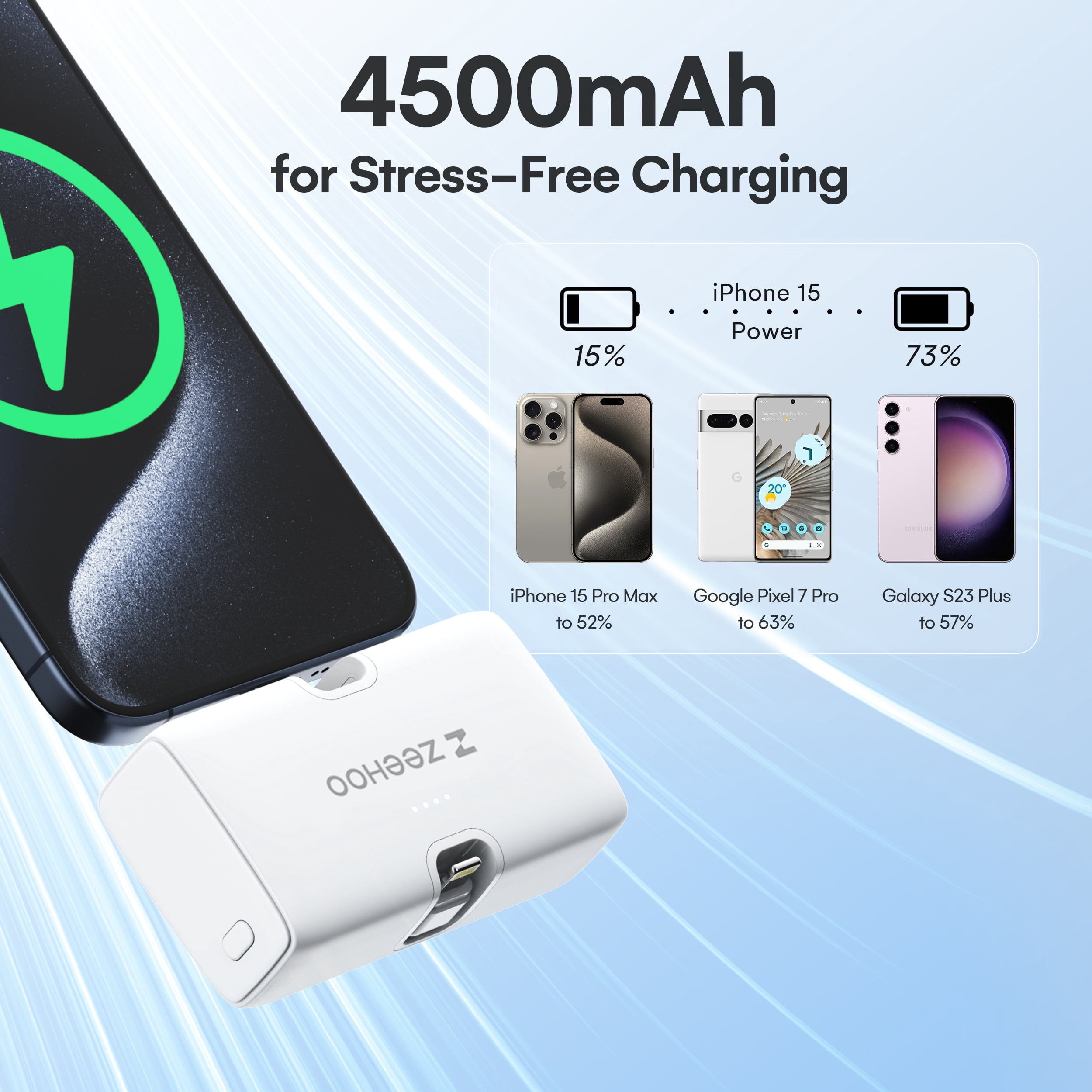 ZeeHoo Tiny Power Bank with USB-C and Lightning Connector, Portable Power Pack - Black