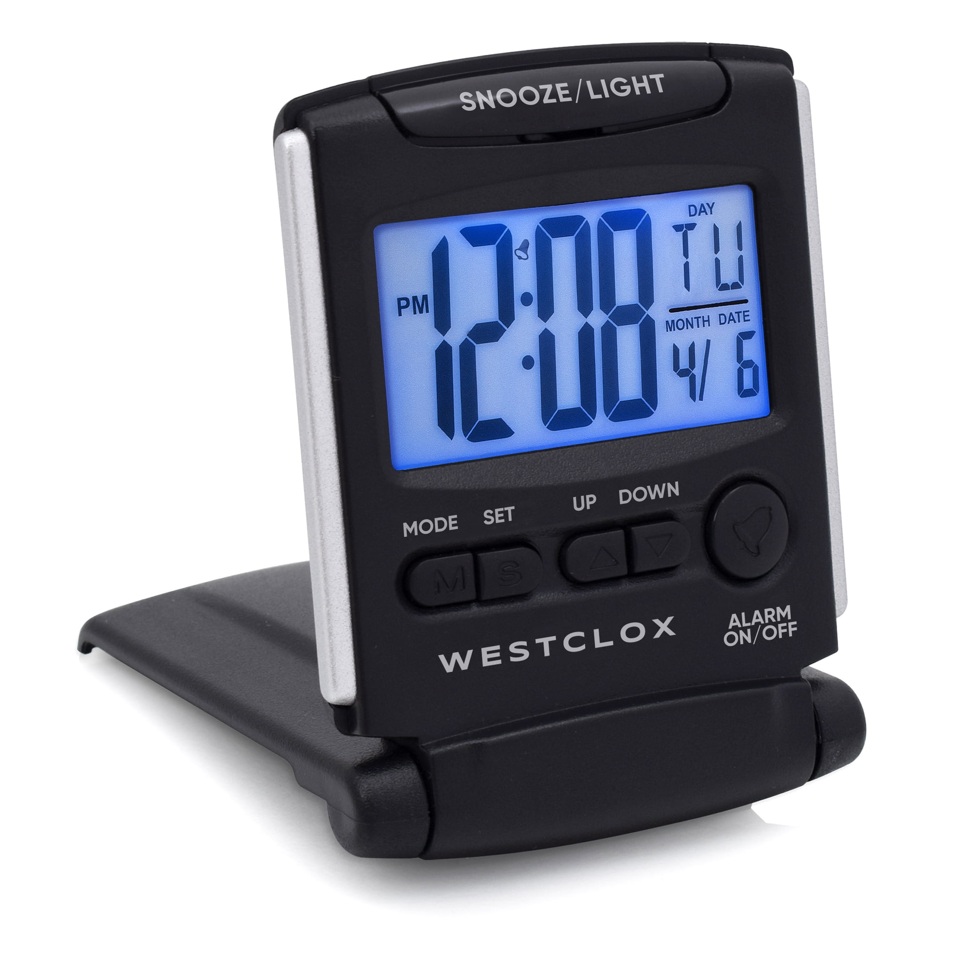 Westclox Black and Silver Fold Able Digital Travel Alarm Clock with Large LCD Display