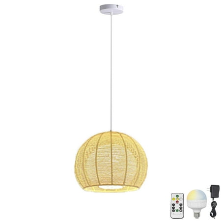 

FSLiving No Wiring Needed Ceiling Light with Rechargeable Battery Operated RGB LED Bulb Dimmable Timing Adjustable Height Pendant Light with Beige Rattan Shade for Kitchen Bar - 1 Light
