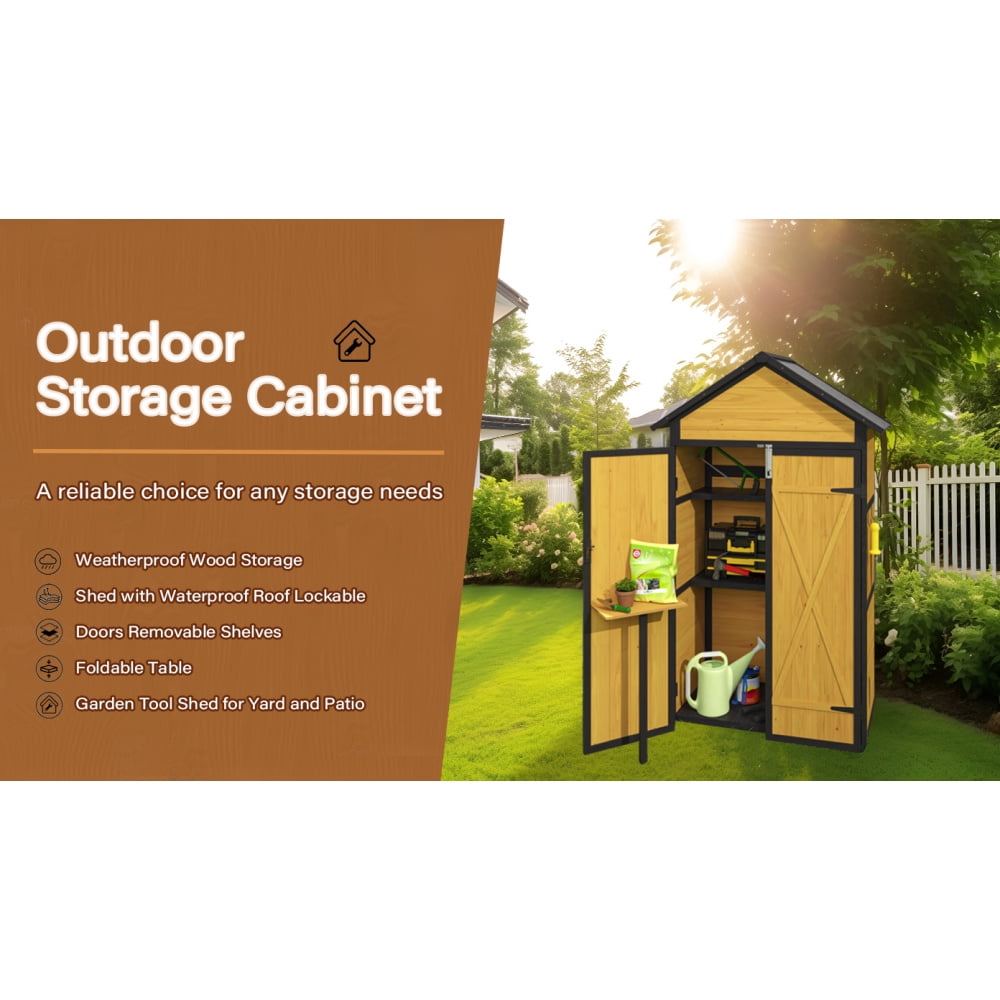 Outdoor Weatherproof Storage Cabinet: Durable Wood Garden Tool Shed with a Waterproof Roof, Lockable Doors, Removable Shelves, Foldable Table, and Hooks (69 Inches). Ideal for Yard and Patio Use
