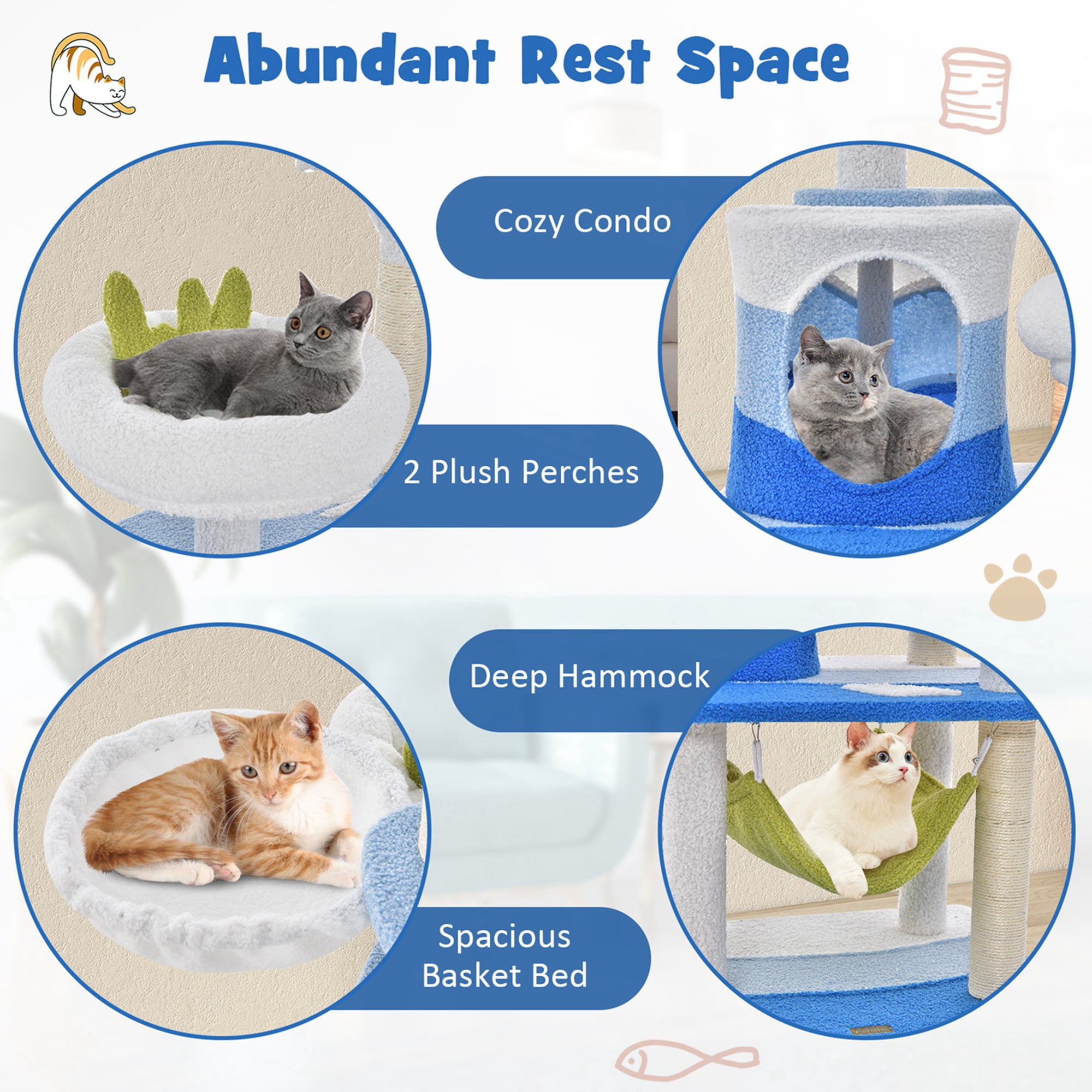 Costway Petsite Ocean-themed Cat Tree with Sisal Covered Scratching Posts Condo Perch Indoor Tower