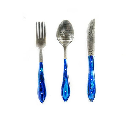 

Silverware Set- High Carbon Damascus Steel- Fork Spoon and Knife- Blue