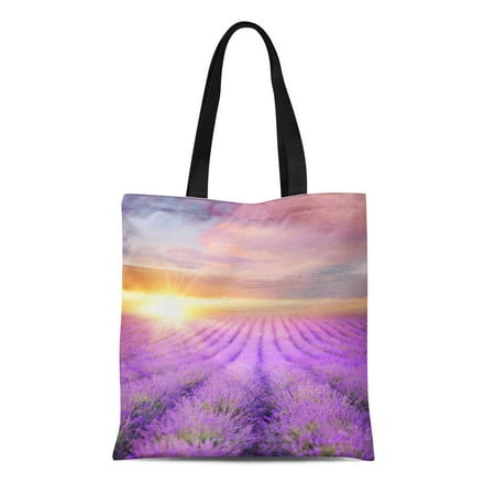 LADDKE Canvas Tote Bag Sunset Over Summer Lavender Field Looks Like in Provence Reusable Shoulder Grocery Shopping Bags