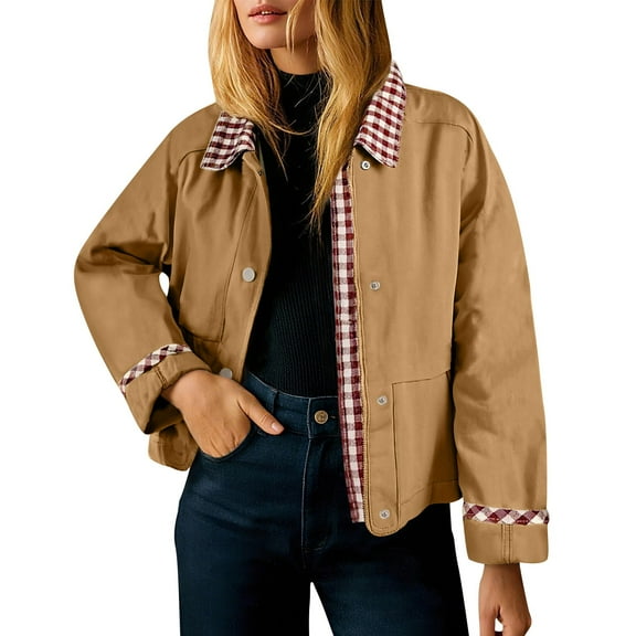Arnsht Womens Snap Button Checkered Collar Long Sleeved Jacket Loose Turndown Collar Outfit Trendy Coat with Pockets Spring Autumn Gold XL