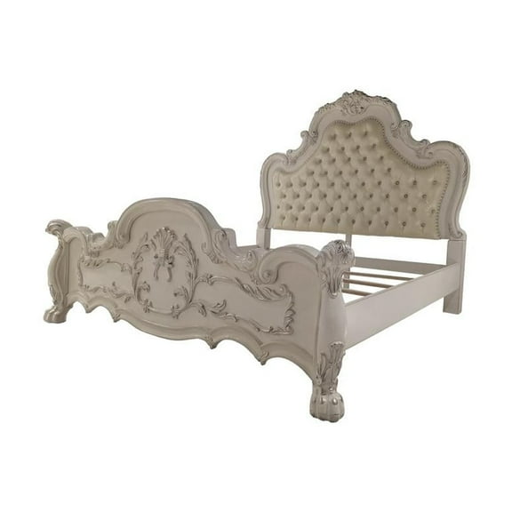 ACME Dresden California King Bed, Synthetic Leather & Bone White Finish