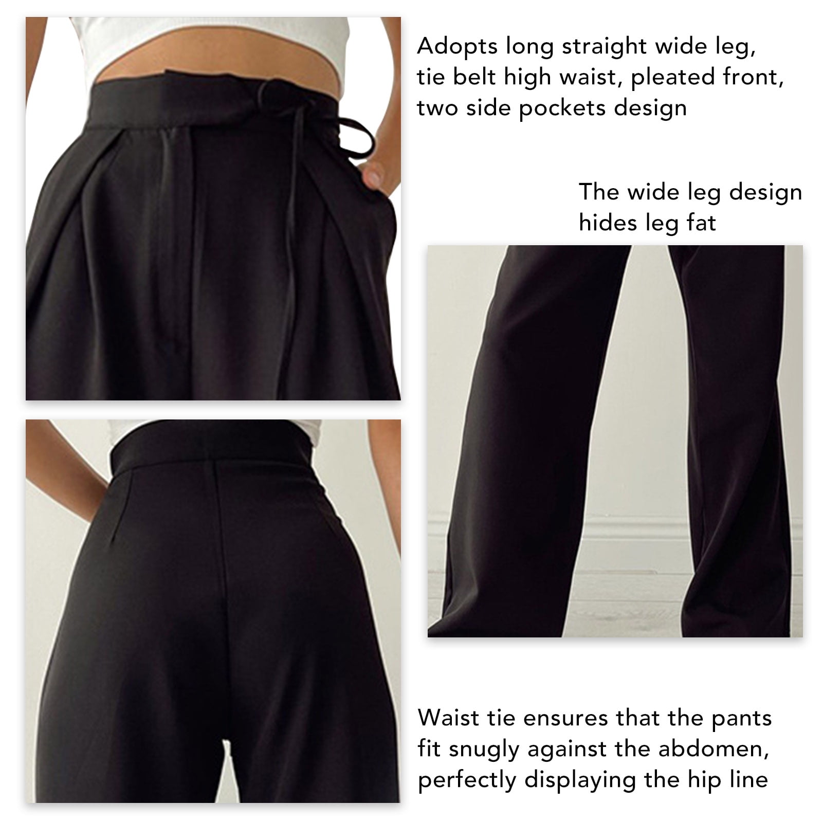 Youthink High Waisted Loose Pants Casual Slim Fit Stylish Tie Belt Wide Leg Trousers Skin Friendly Elegant For Woman For Work Black apricot Black