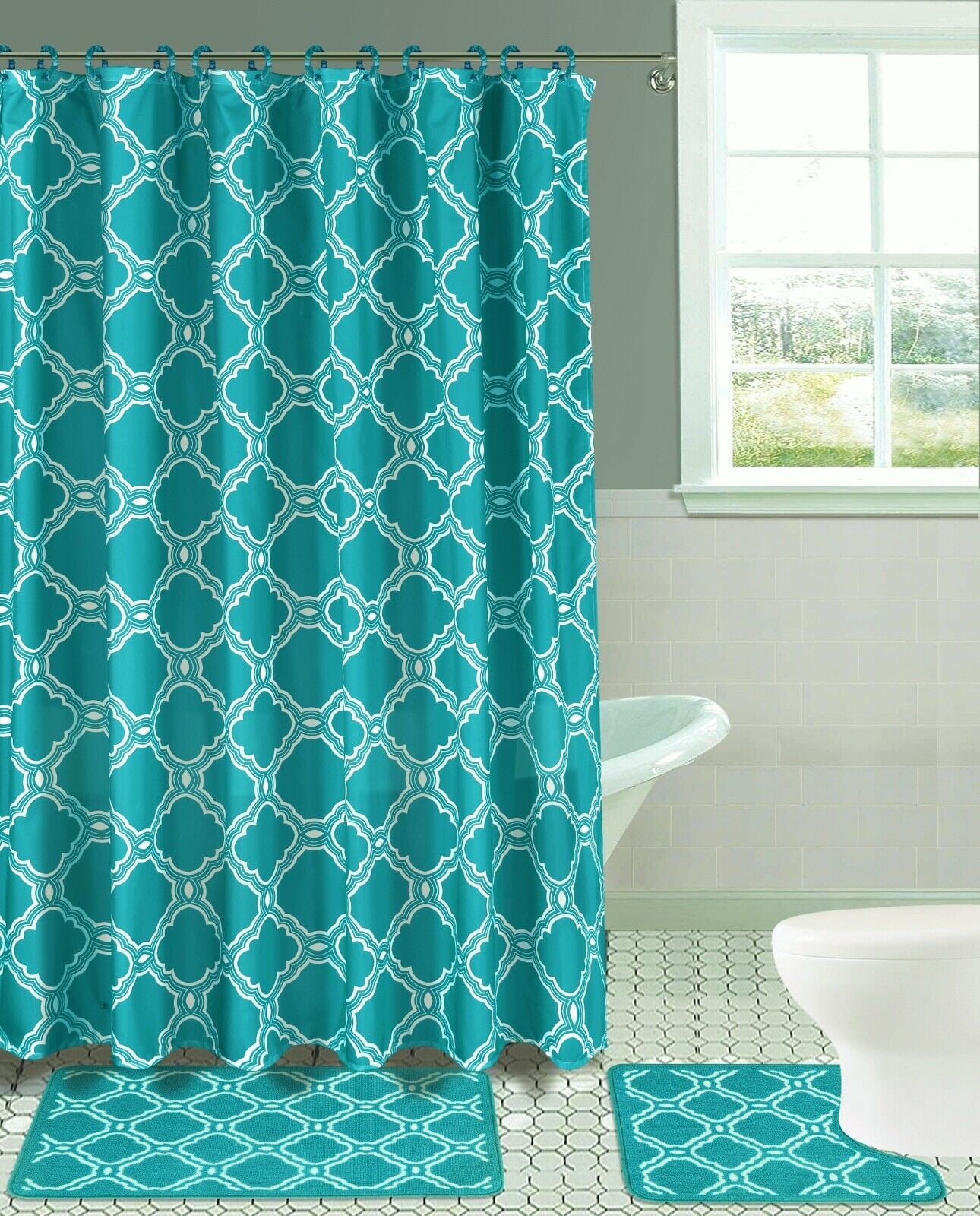 Shower Hooks Fabric Shower Curtain Turquoise Bath Set:2 Memory Foam Floor Mats 