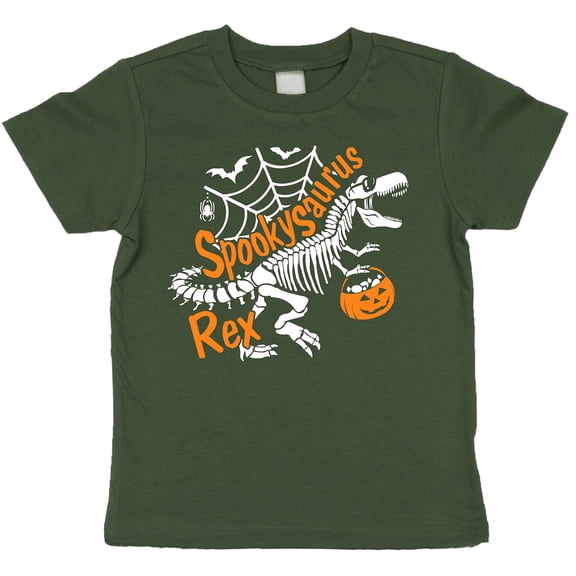 T-Rex Skeleton Dinosaur Trick or Treat Shirt for Baby and Toddler Youth Boys and Girls Halloween and Fall Shirt White on Military Green Shirt 18 Months