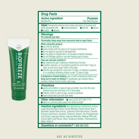 Biofreeze Menthol Pain Relieving Gel 4 FL OZ Tube For Pain Relief Associated With Sore Muscles, Arthritis, Simple Backaches, And Joint Pain, Pack Of 3 (Packaging May Vary)