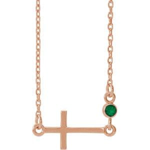 Created Emerald Cross - 14K Rose Chatham® Created Emerald Sideways Accented Cross 16-18
