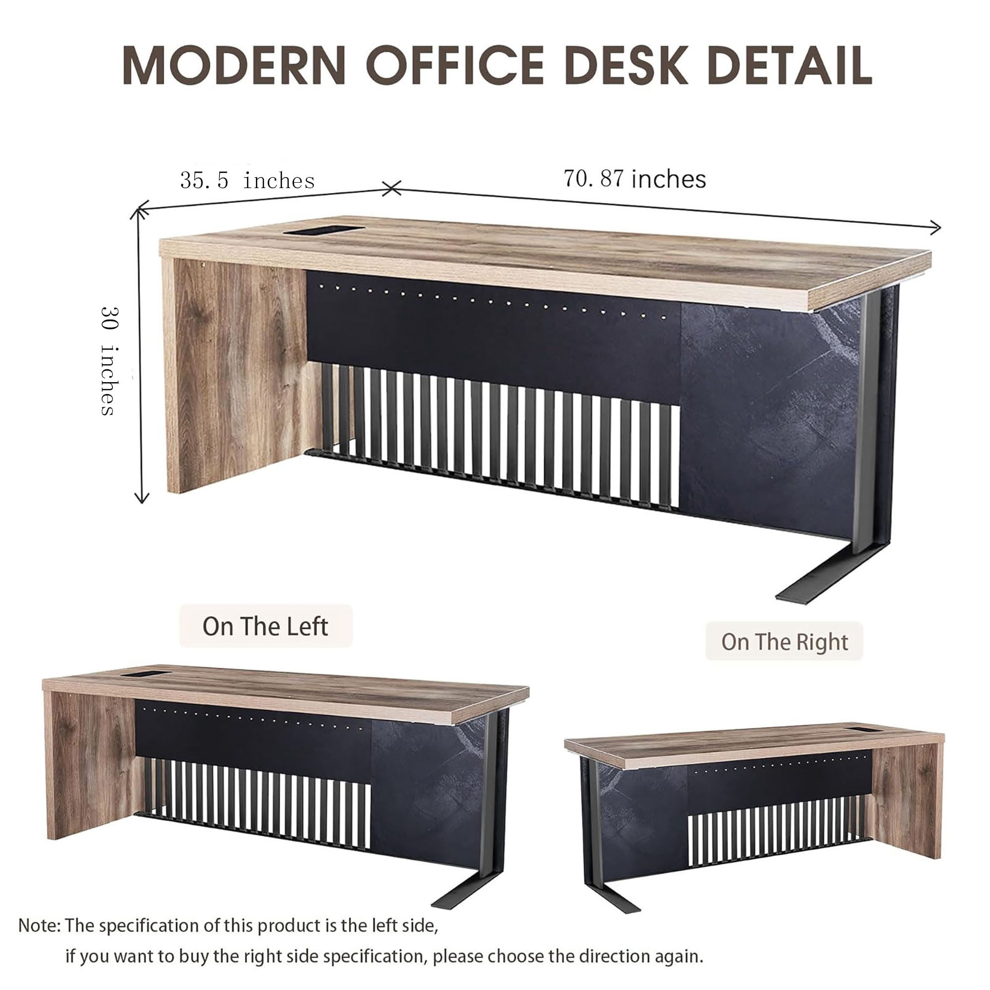 70.87" Executive Office Desk with Stainless Steels Sturdy Frame Cable Box(Left Return)