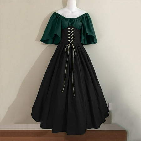 

Womens Dress Tops for Women Women s Round Neck Dress Flare Sleeve Off Shoulder Medieval Vintage Dresses With Corset Patchwork Ball Gown Green L