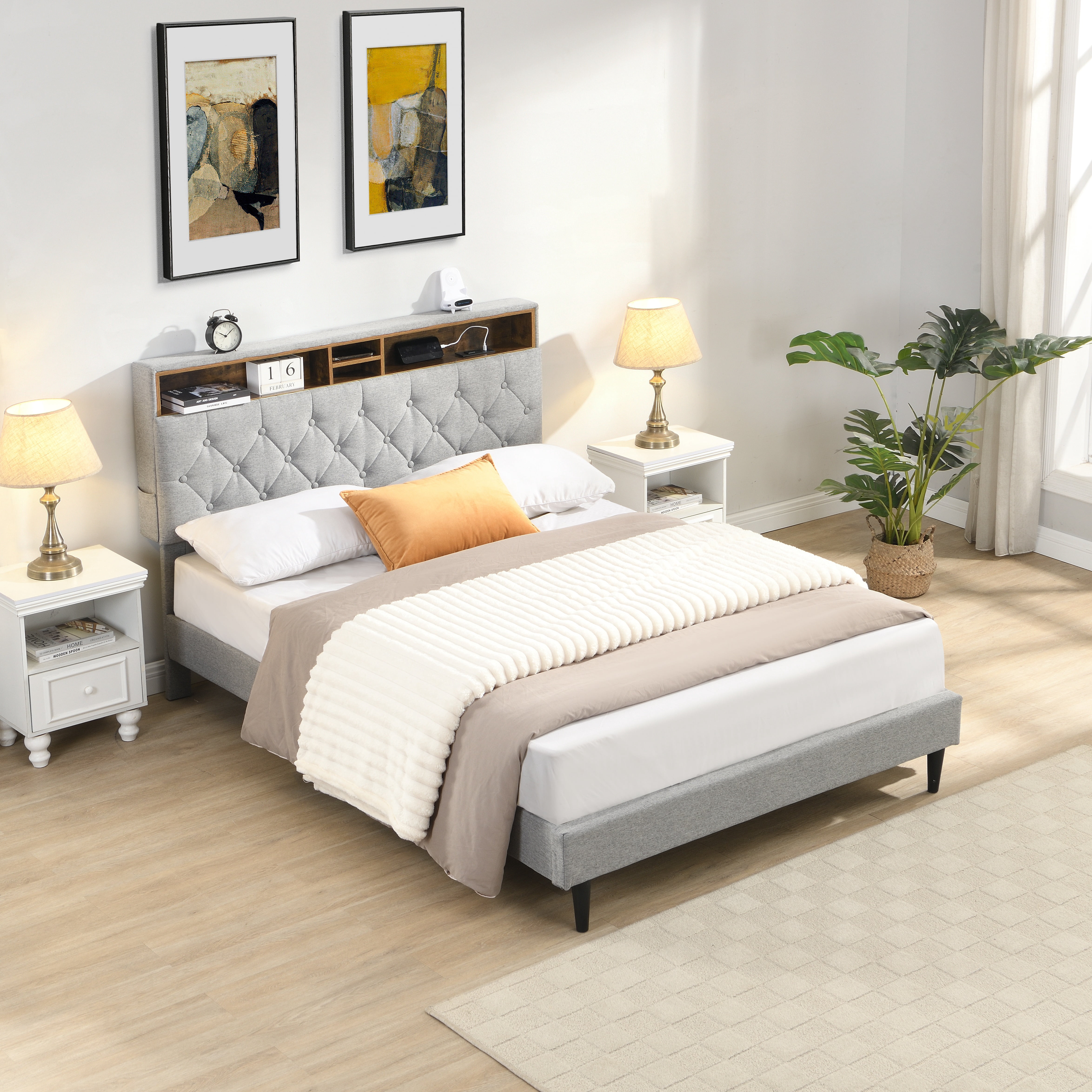 Lisonu Modern Queen-Size Upholstered Platform Bed Frame with Button-Tufted Linen Fabric Headboard and USB Ports in Light Grey
