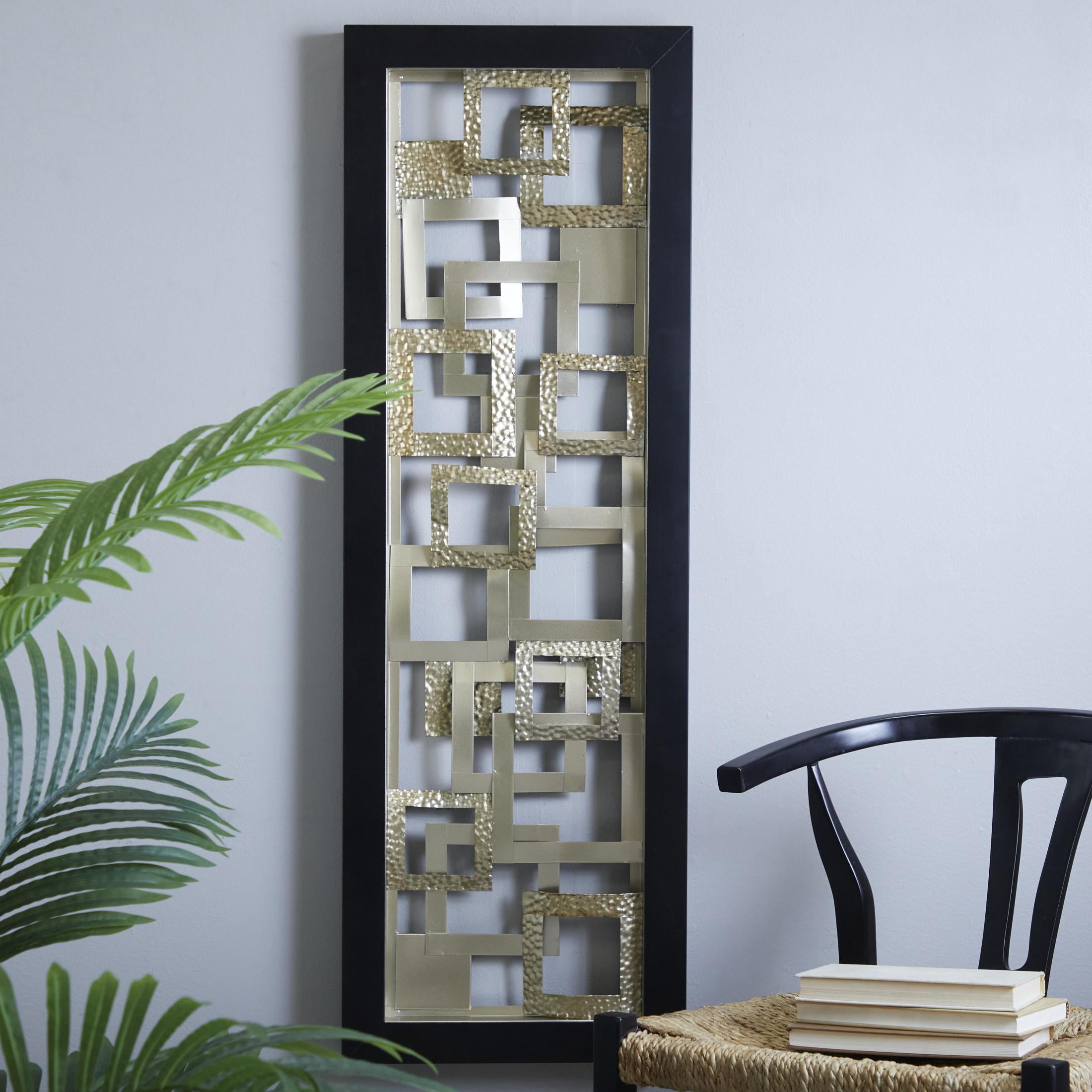 DecMode Gold Metal Hammered Geometric Wall Decor with Layered Squares and Black Frame